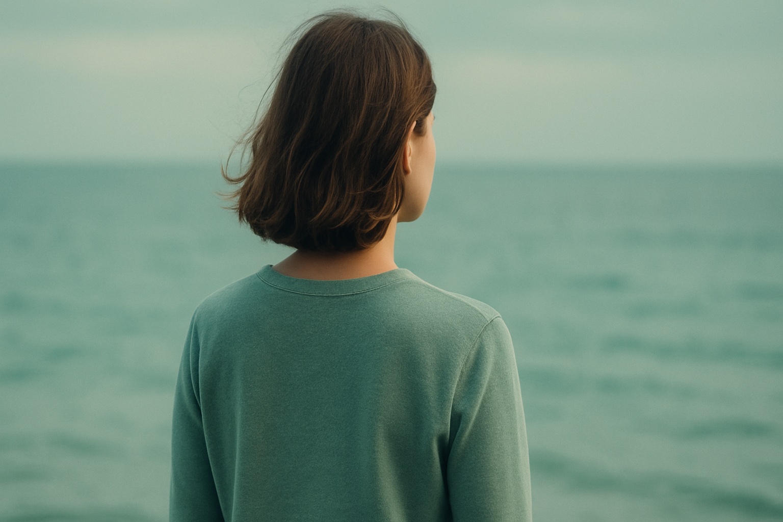 Frau blickt auf das Meer- Symbol für innere Refelxion und Echtheit.